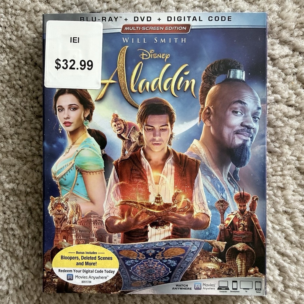 Aladdin Bluray DVD Unused Digital Code Slipcover 2019 Will Smith‎ Disney Bonus